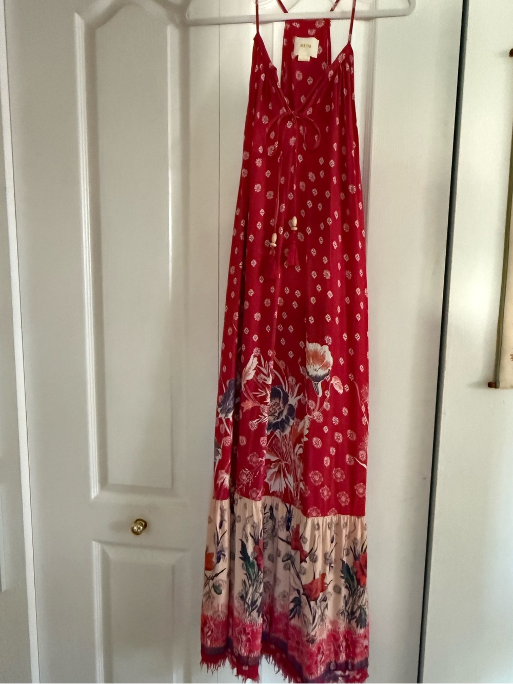 Anthropologie Maeve Red Floral Tiered Maxi Dress